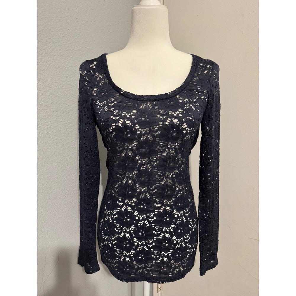 Whimsigoth Women Navy Blue Floral Lace Long Sleeve Scoop Neck Top Small Romantic